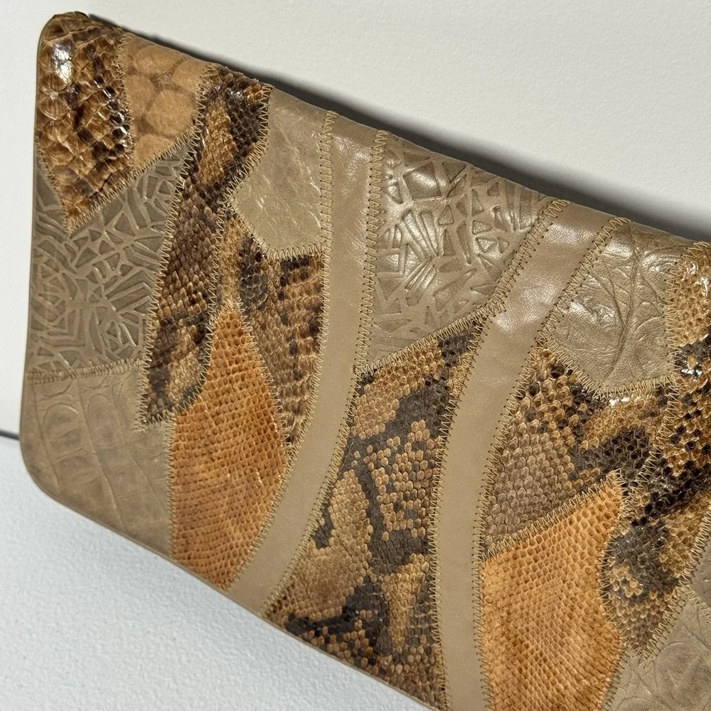Vintage Reem Snakeskin Leather Patchwork Boho Festival Clutch‎ Zip Pouch